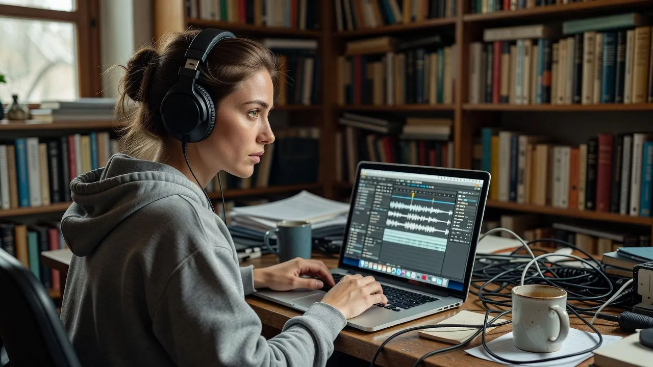 A young sound editor in headphones directing audio on a laptop inside a book-lined home studio