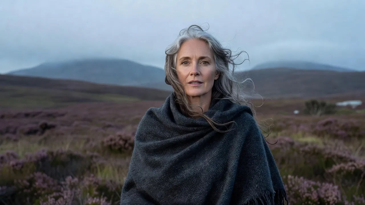 Close portrait of a serene Highland woman in her fifties