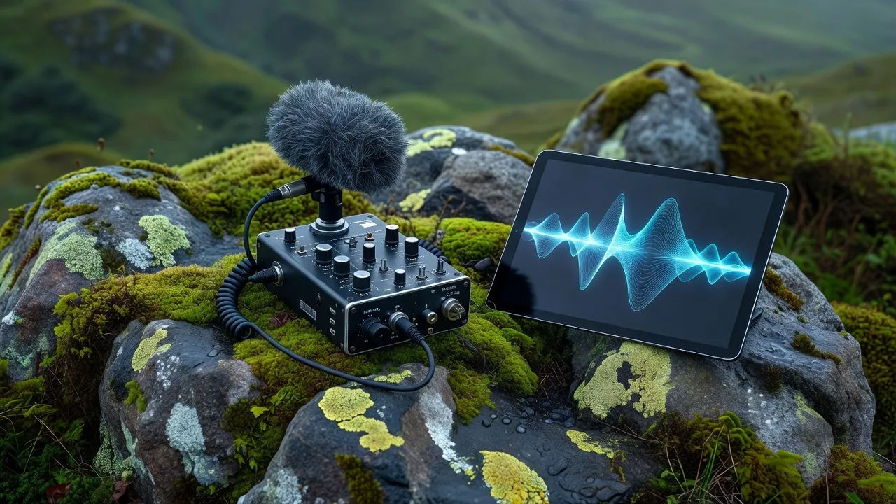 Topical beat of a rugged field recorder and windshield mic on a lichen-covered rock