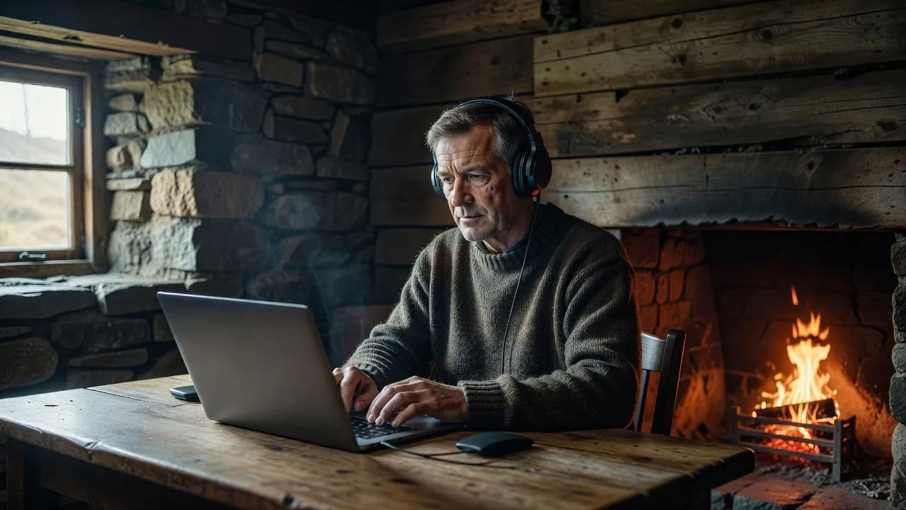 A Highland nature-doc editor working on a laptop in a stone bothy studio