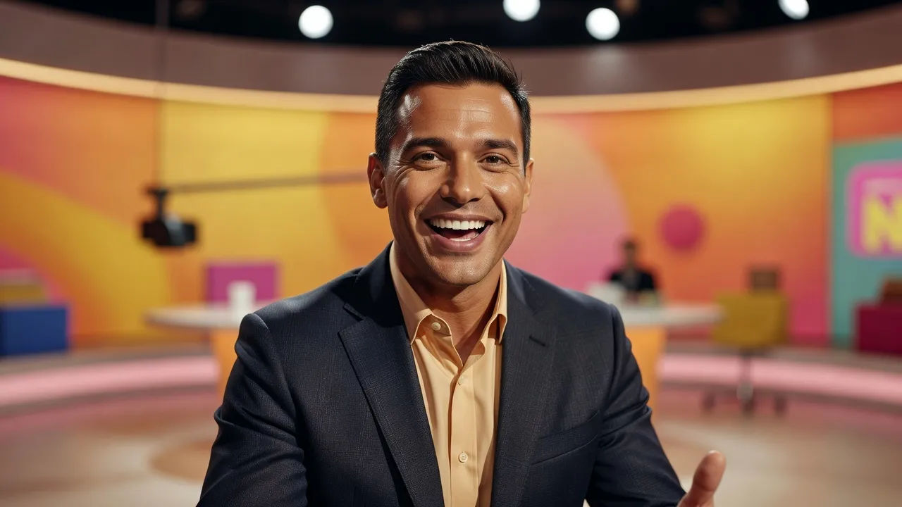 Close portrait of a charismatic show host mid-thirties presenting to camera
