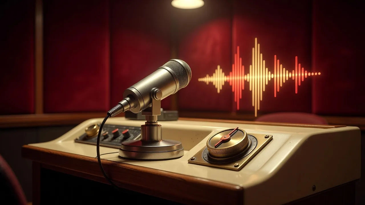 Product beat: a broadcast desk with a chunky microphone and an on-air style dial