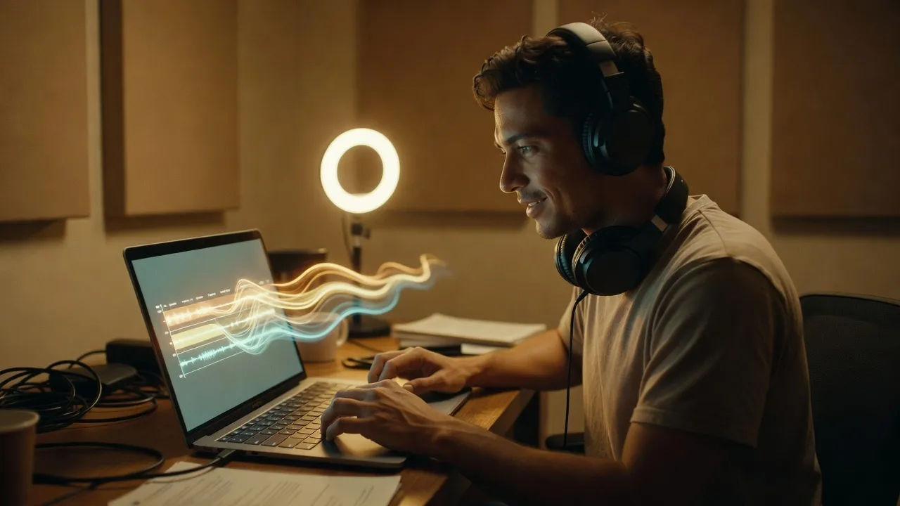 A host reviewing a show opener on a laptop in a small set