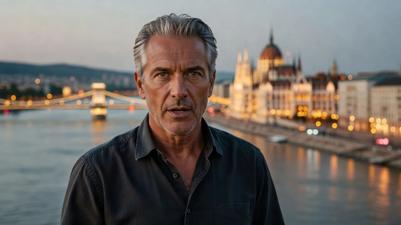 Tight portrait of a distinguished Hungarian man with silver-flecked hair and an open-collar shirt speaking