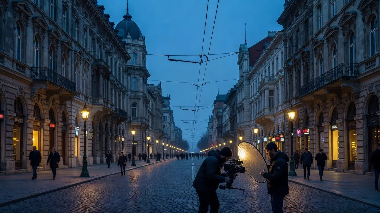 Wide cinematic scene of a documentary shoot on a grand Budapest boulevard at blue hour