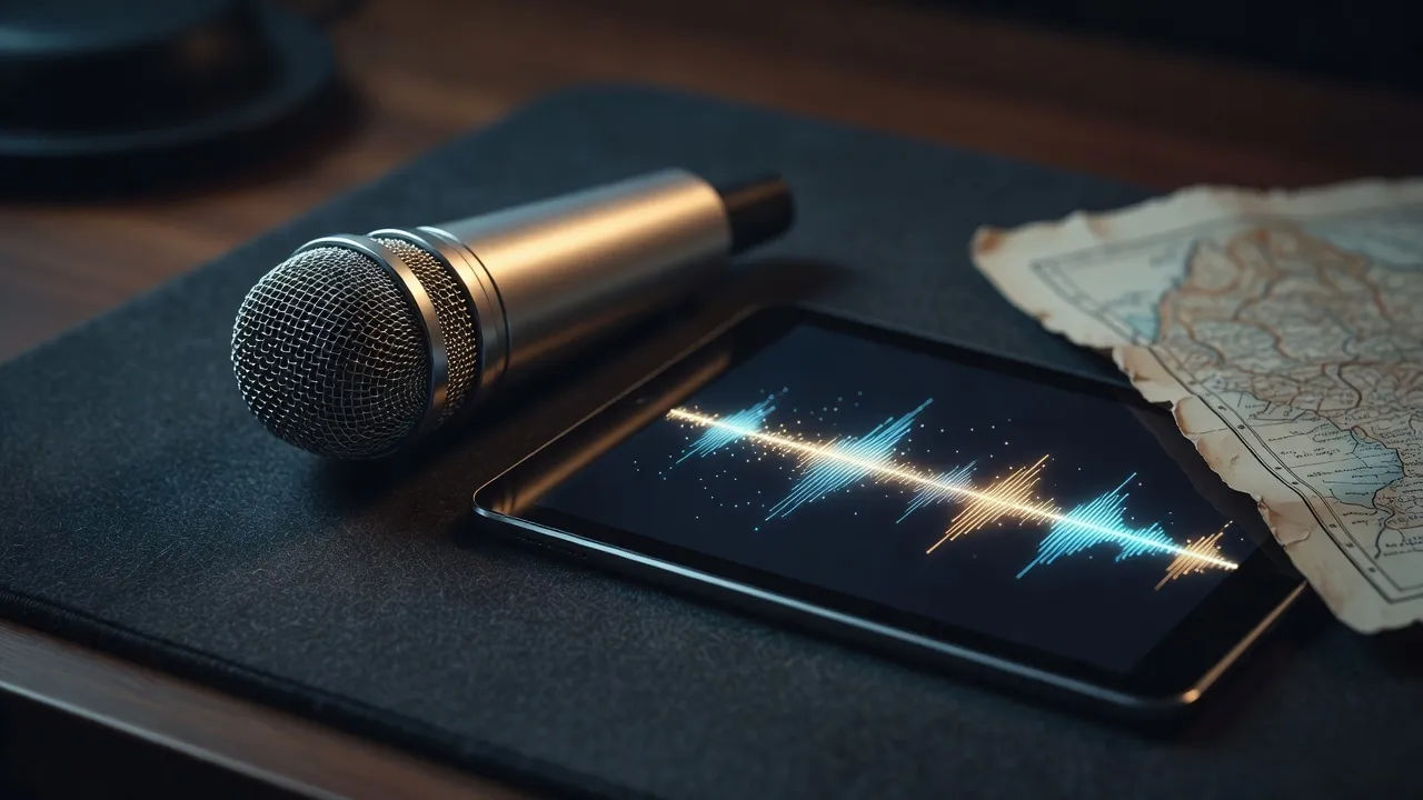Macro of a studio microphone and a tablet showing an abstract glowing waveform on a dark felt desk
