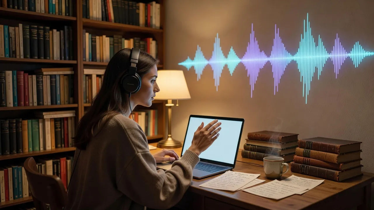 A young Hungarian woman directing narration on a laptop in a warmly lit study
