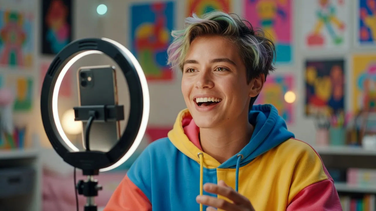 Close portrait of a bright young creator with playful style talking to a phone on a ring-light stand