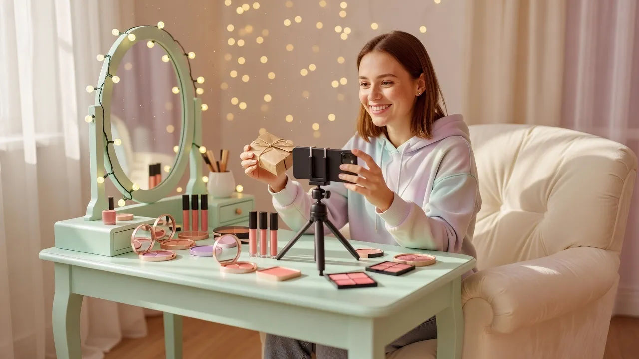 Wide get-ready-with-me scene at a pastel vanity