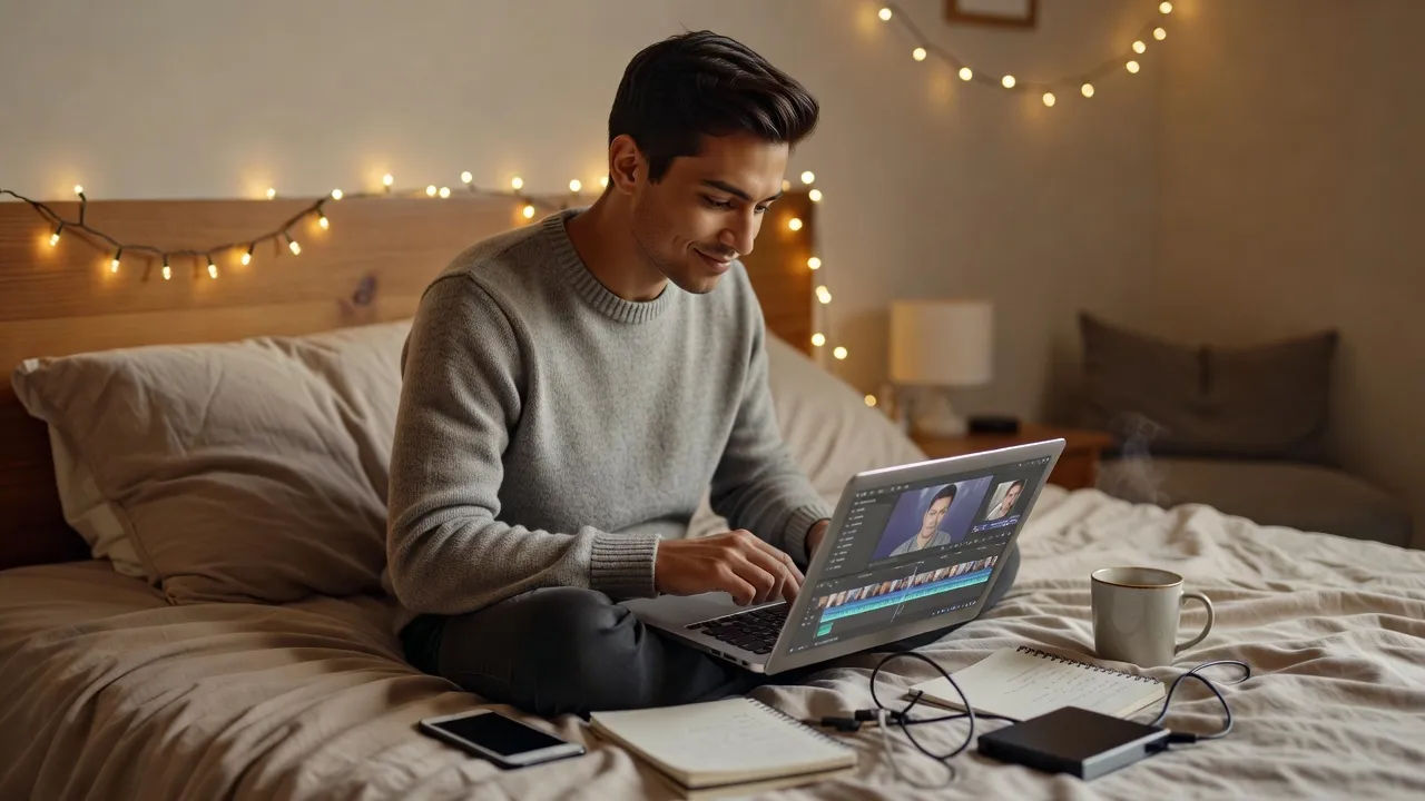 A confident creator cross-legged on a bed editing a reel on a laptop