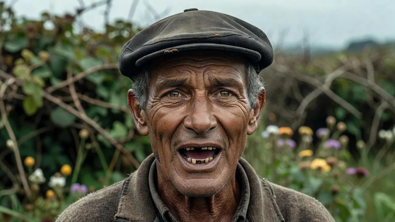 Close weathered portrait of an older Irish traveller man mid-word telling a story to camera
