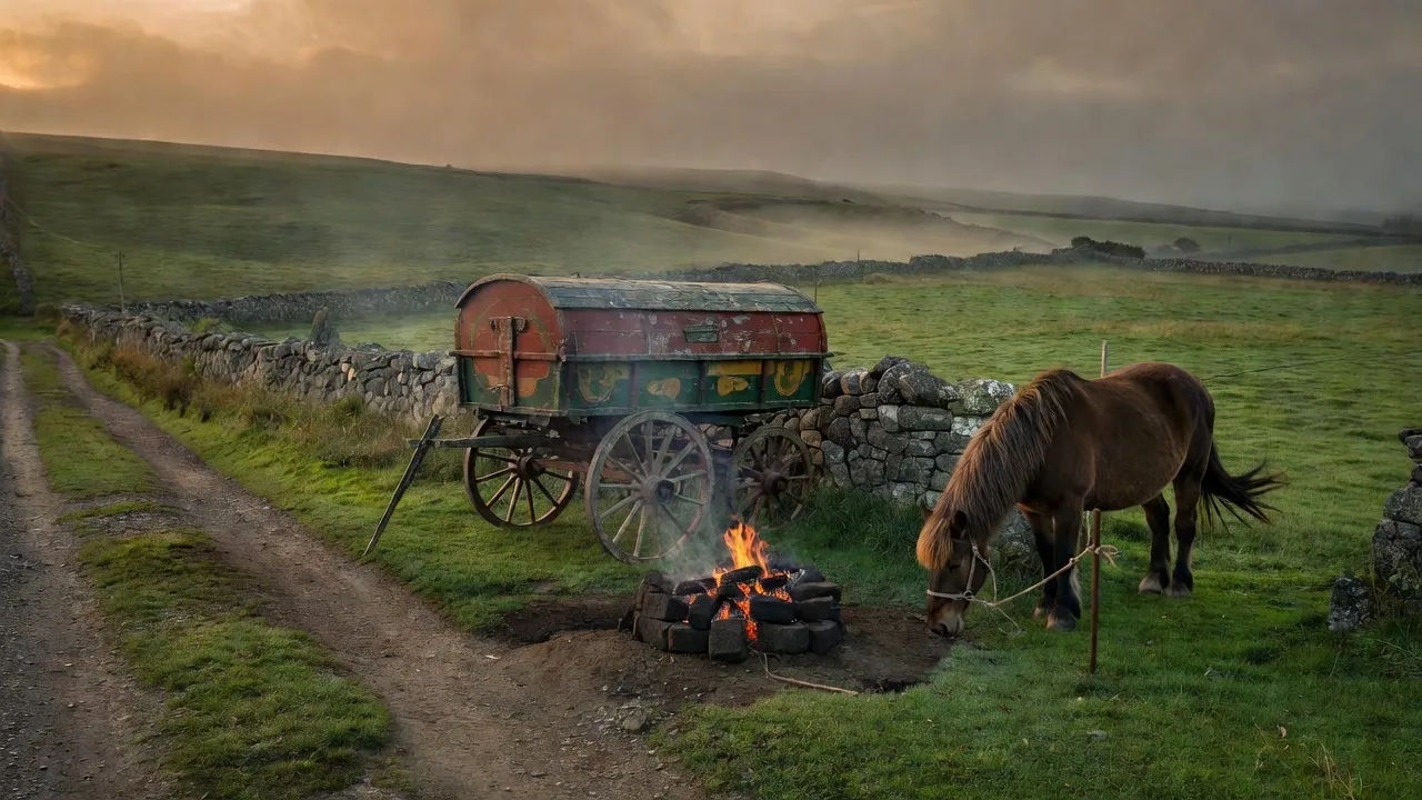 Wide establishing scene of a traditional Irish roadside encampment at dusk