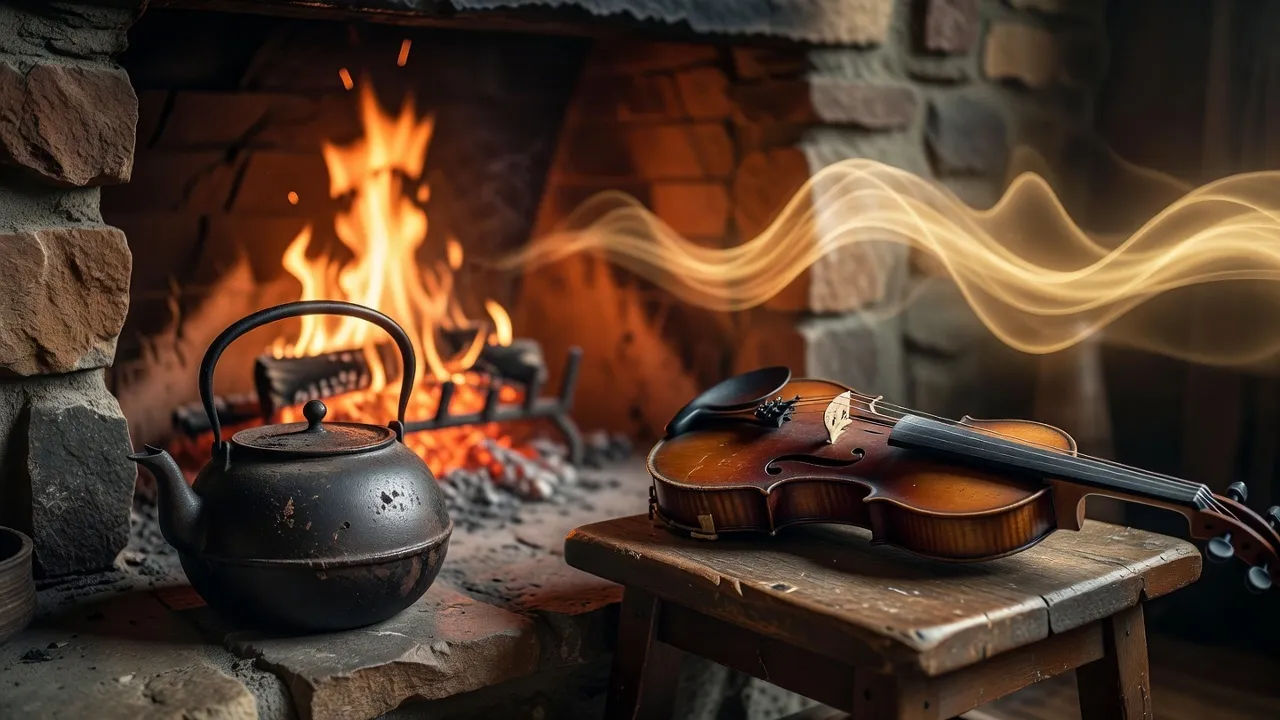Intimate detail of a warm hearthside with a battered kettle and a fiddle resting on a wooden stool
