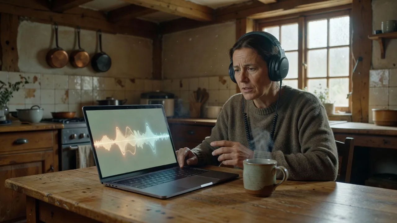 A folk documentary producer directing narration on a laptop in a rustic kitchen