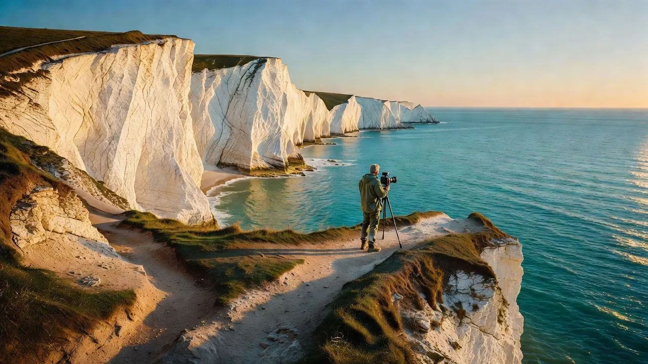 Wide travel-film establishing shot of the Kent coast white cliffs at golden hour