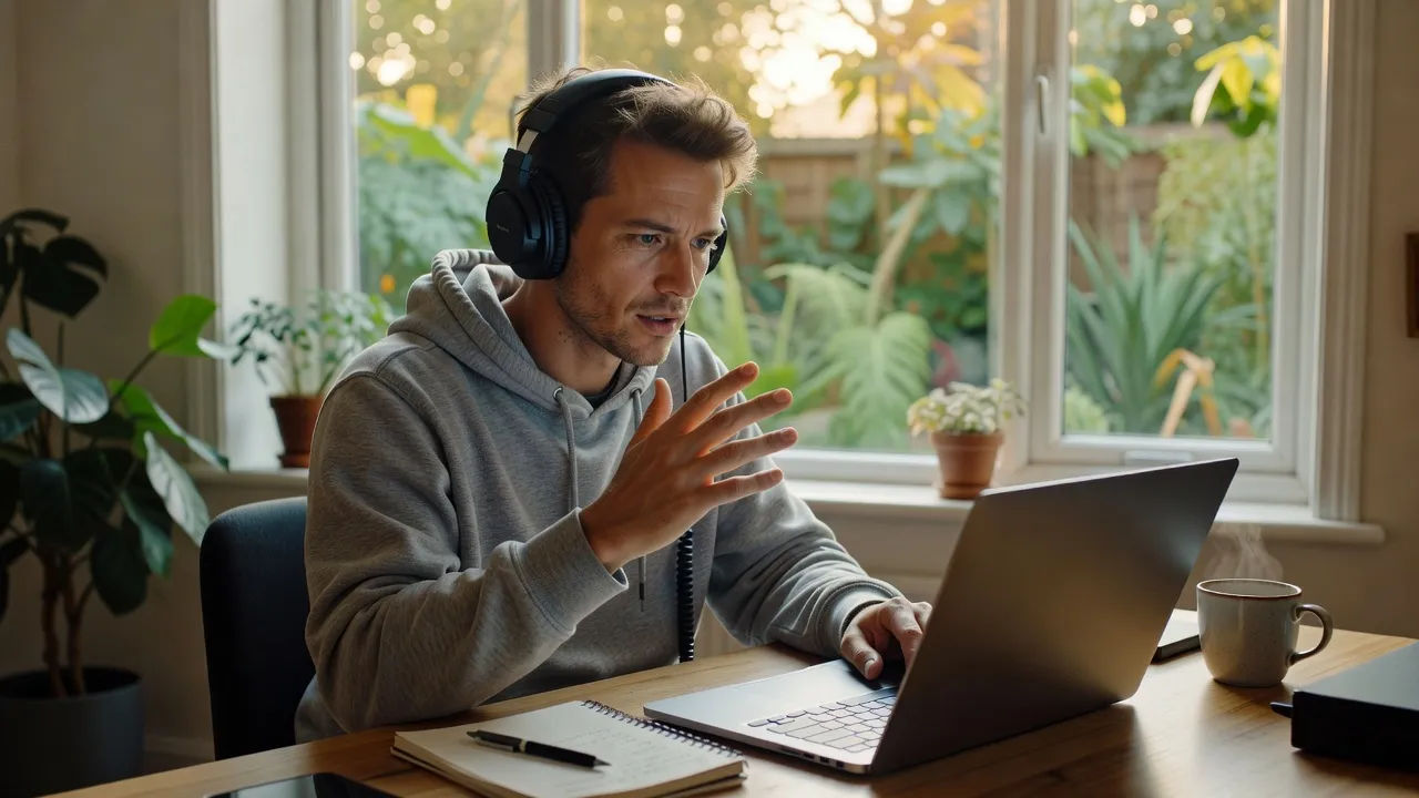 A creator in a bright home booth directing an explainer voiceover on a laptop