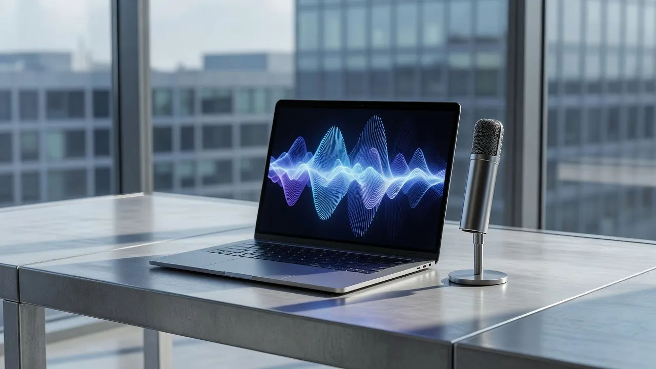 Topical beat of a laptop with an abstract glowing voice waveform and a slim broadcast mic on a minimalist