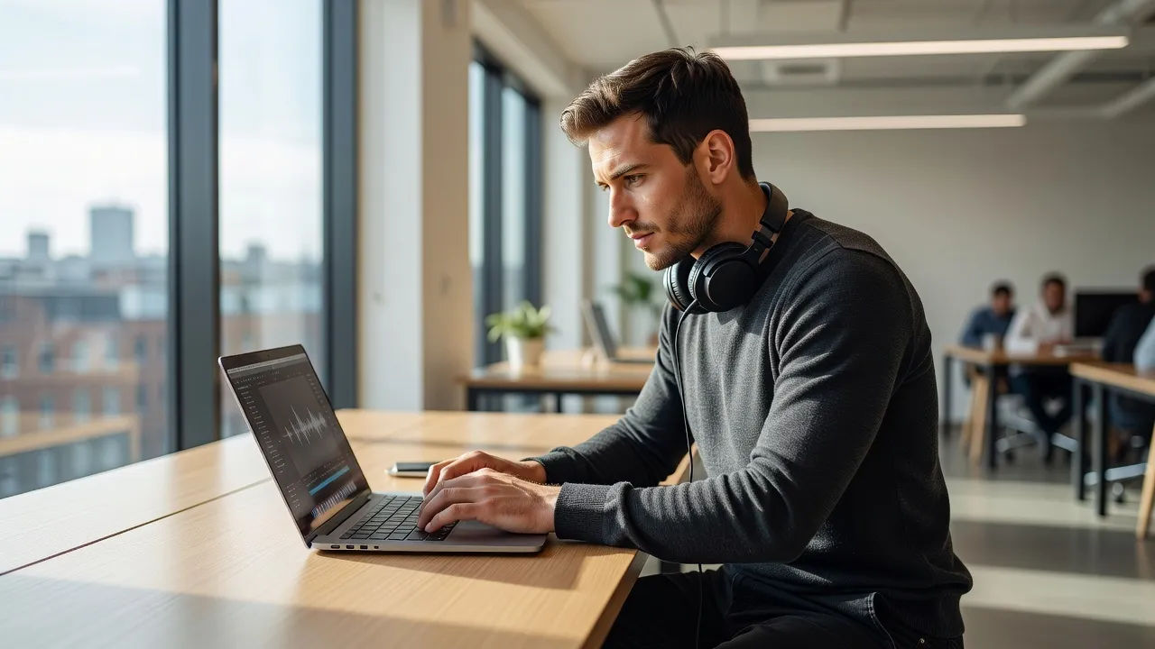 A stylish Leinster creator directing a voice edit on a laptop in a bright coworking space