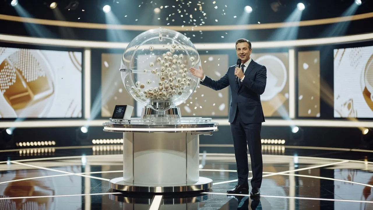 Wider establishing shot of a live TV draw stage