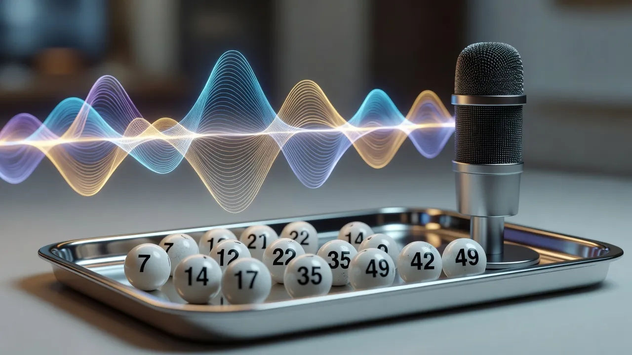 Macro beat of numbered draw balls resting in a chrome tray beside a broadcast mic