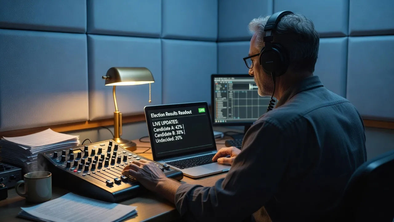 A radio producer directing a results readout on a laptop in a tidy booth