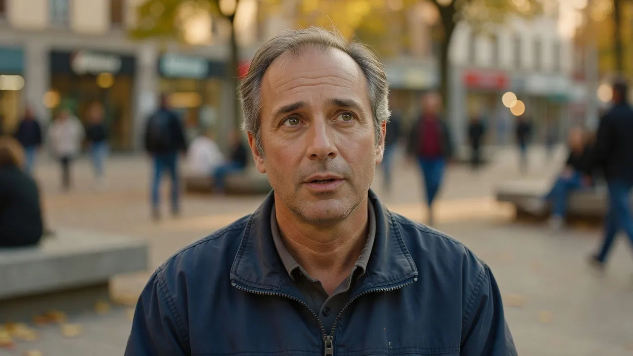 Close portrait of an ordinary middle-aged man in a plain windbreaker answering a question to camera