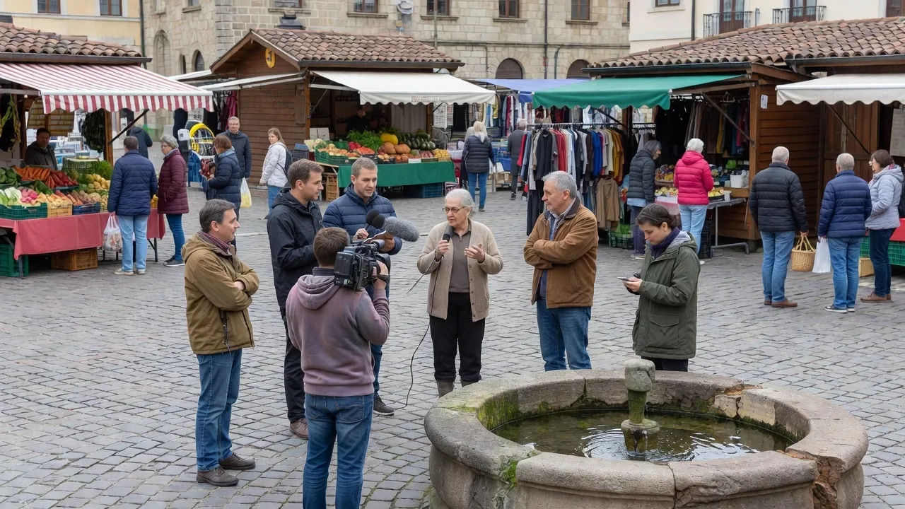 Wide vox-pop scene on a market square
