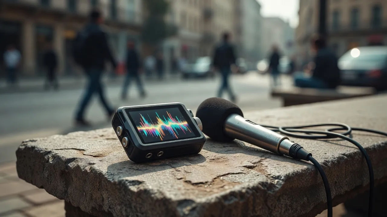 Product beat of a compact field recorder and a handheld mic resting on a stone bench
