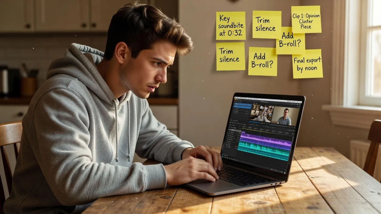 A young editor in a hoodie assembling opinion clips on a laptop at a kitchen table