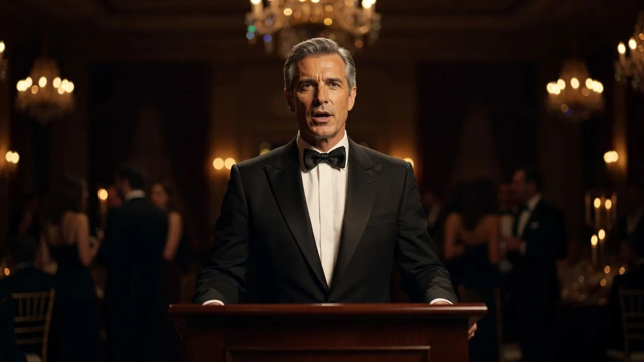 Dignified master of ceremonies in a tuxedo mid-word at a polished podium