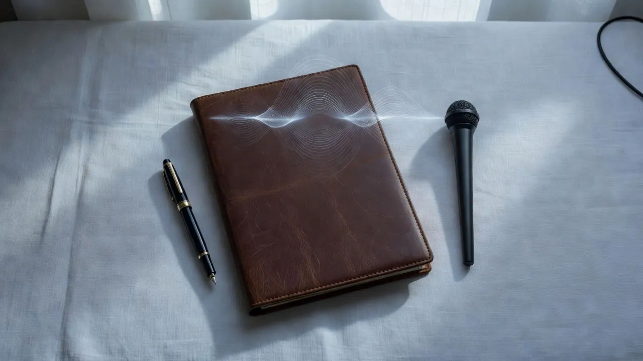 Overhead flat-lay of a leather-bound program folder