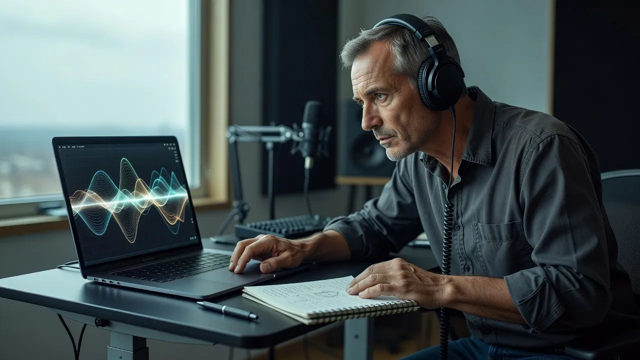 A middle-aged producer at a standing desk directing a ceremony voice