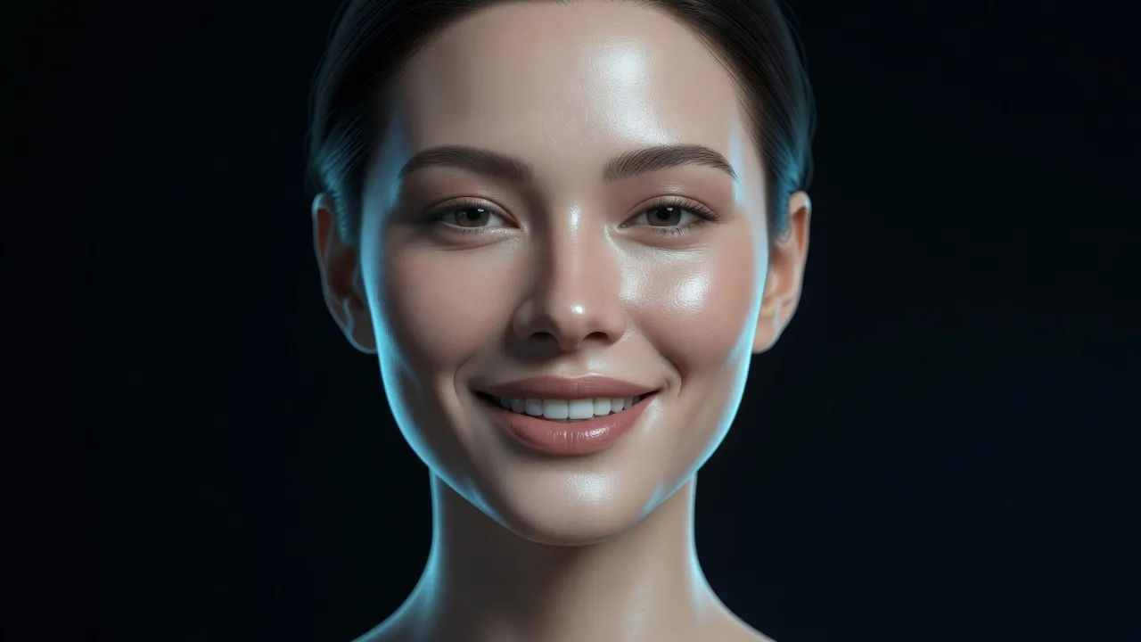 Close portrait of a sleek stylized virtual avatar host with subtle luminous skin and a friendly expression