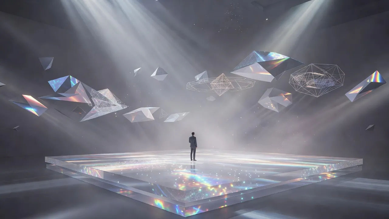 Wide immersive event hall with a glowing translucent stage floor and abstract floating geometric structures