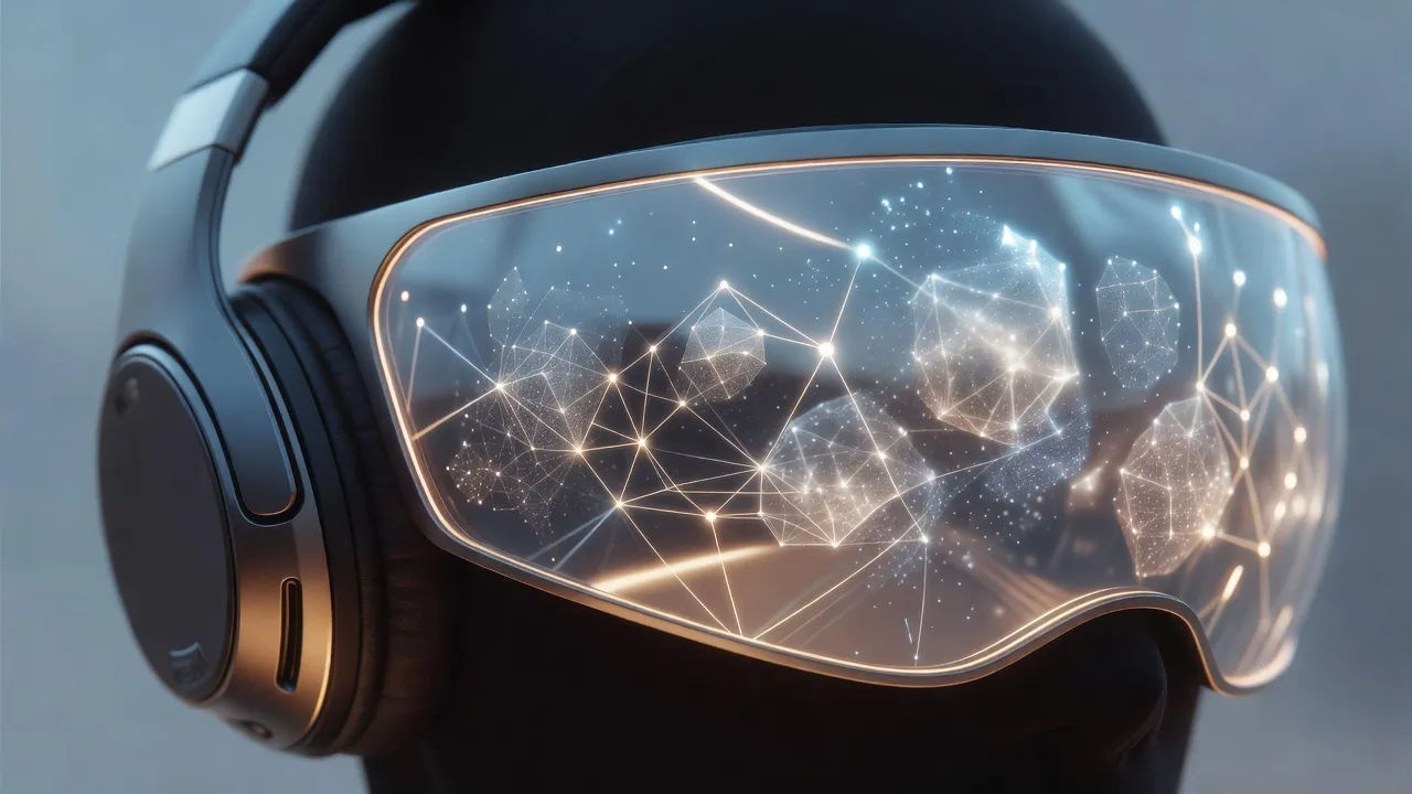 Macro beat of a headset-wearing figure's visor reflecting abstract glowing world-geometry