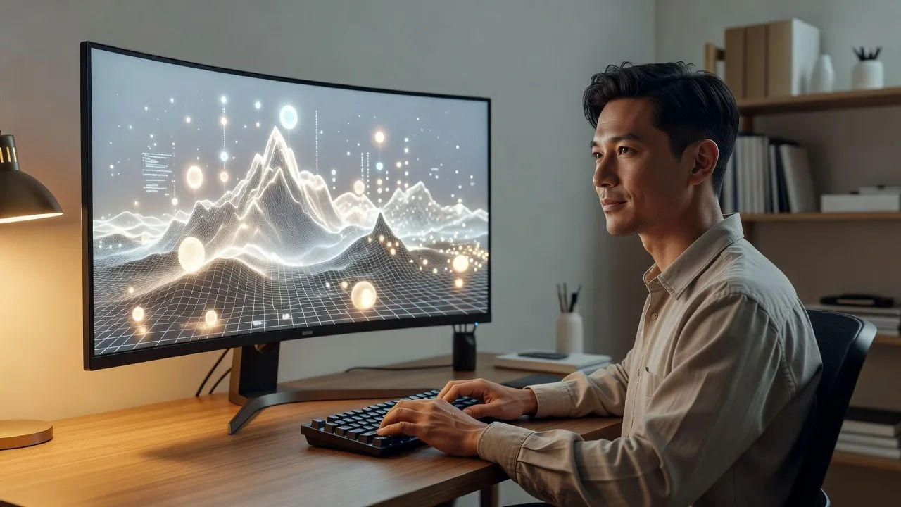 A world-builder creator seated at a curved monitor in a tidy studio