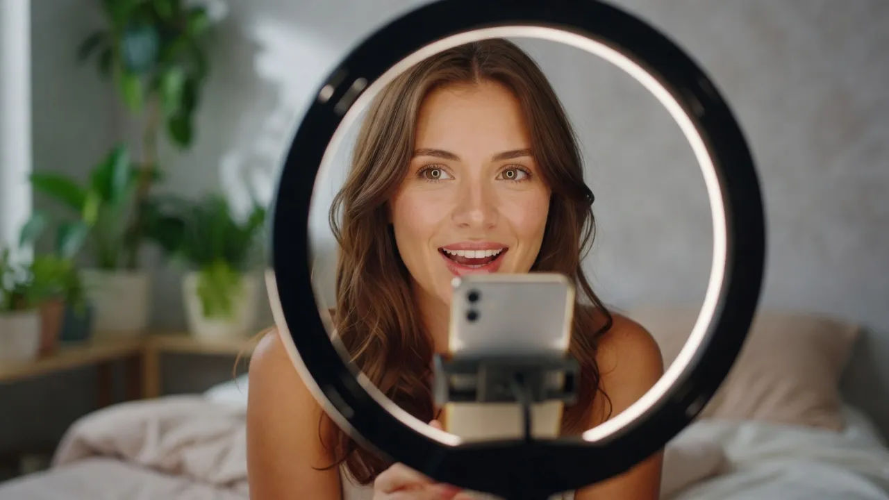 Close portrait of a friendly young woman in her mid-twenties talking straight to a ring-lit phone in a cozy