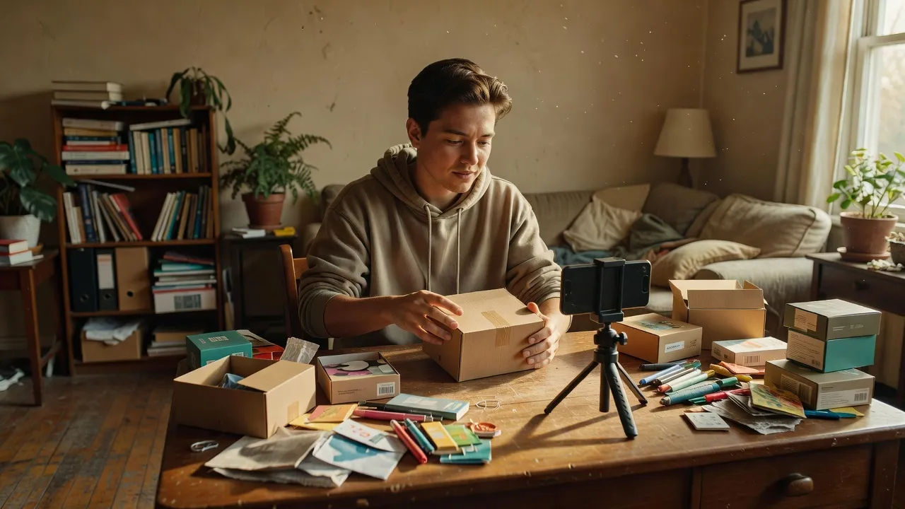 Wider handheld scene of a small niche creator filming an affiliate unboxing at a wooden desk