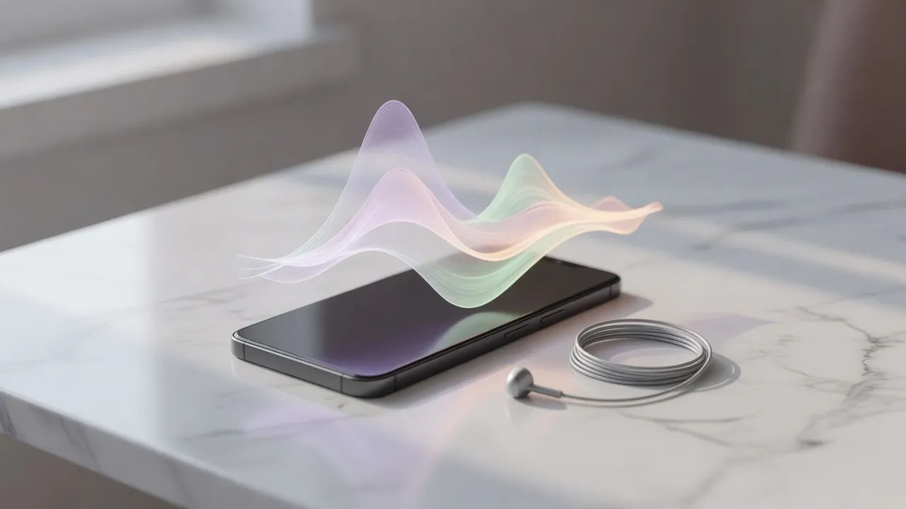 Overhead macro of a smartphone on a marble desk emitting a soft abstract glowing waveform above the screen