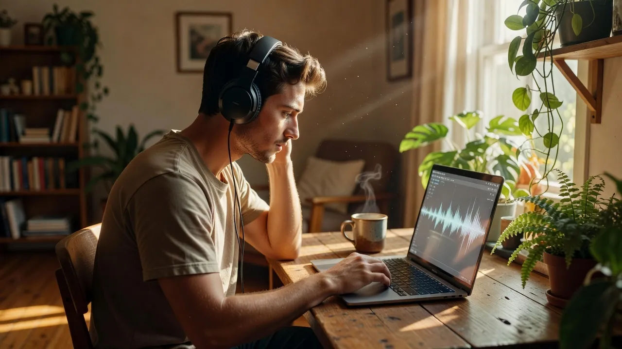 A focused young man editing audio on a laptop in a sunlit living-room corner