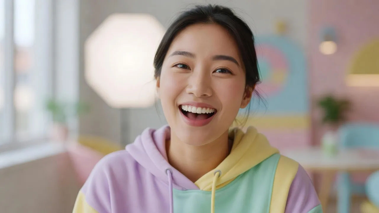 Close-up of a cheerful young Asian woman voicing a playful character line to camera