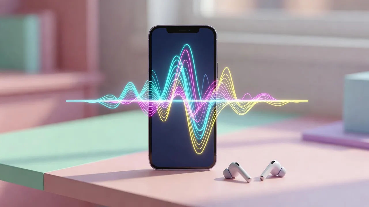 Top-down macro of a smartphone standing on a pastel desk beside tiny earbuds
