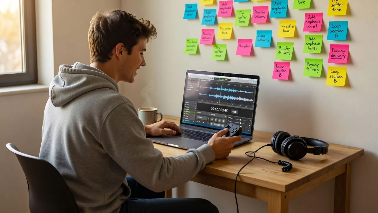 A young developer directing a voice clip on a laptop at a sunny desk