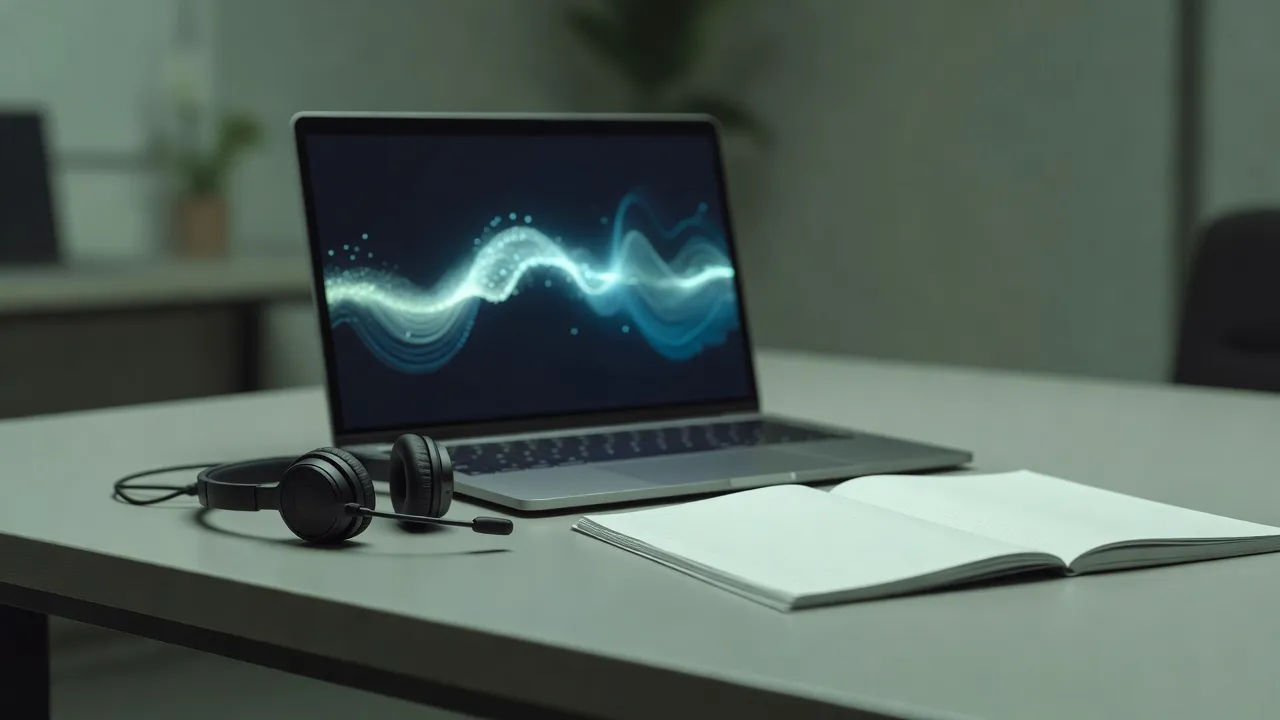 Desk beat: a headset mic resting beside a laptop emitting a soft abstract glowing sound arc