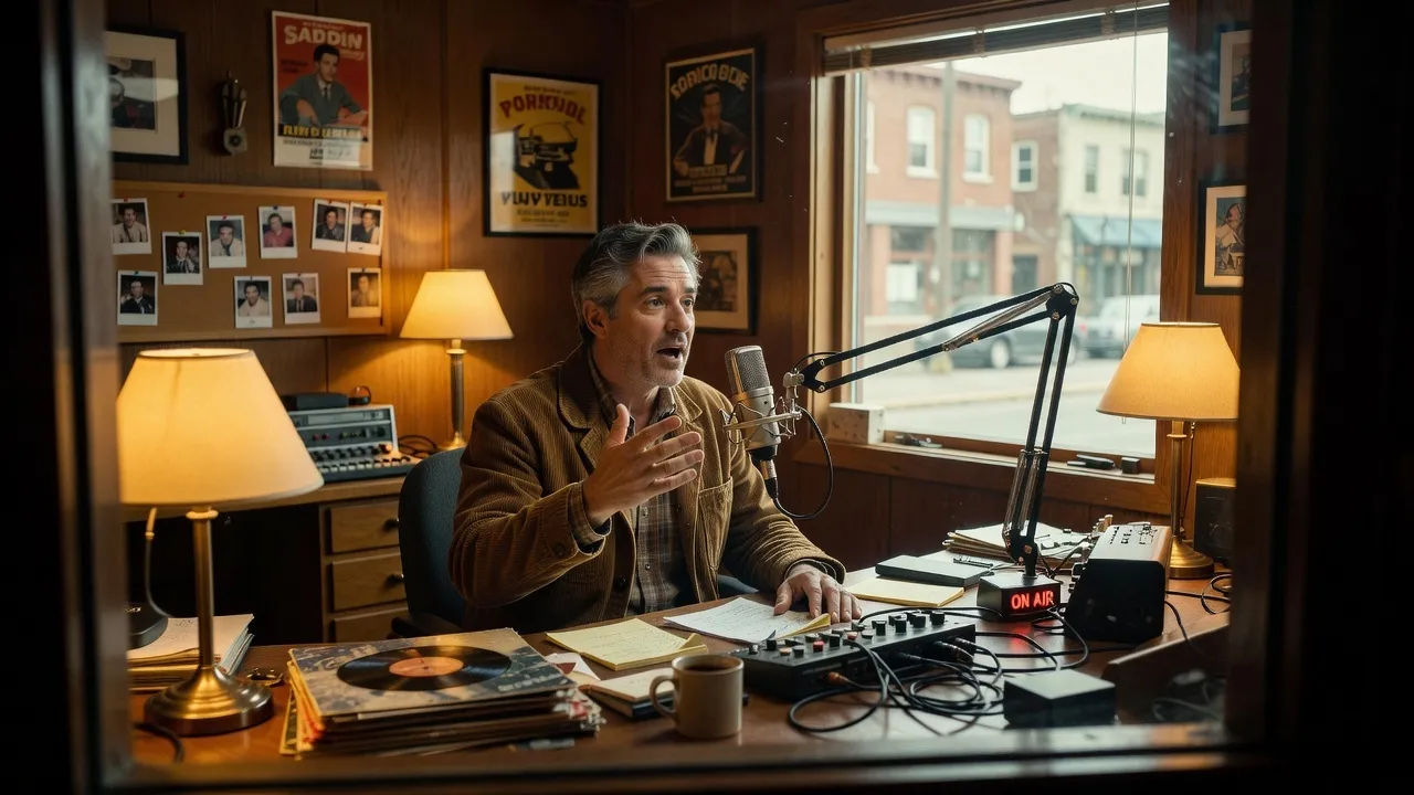 Wide scene inside a cosy regional radio station