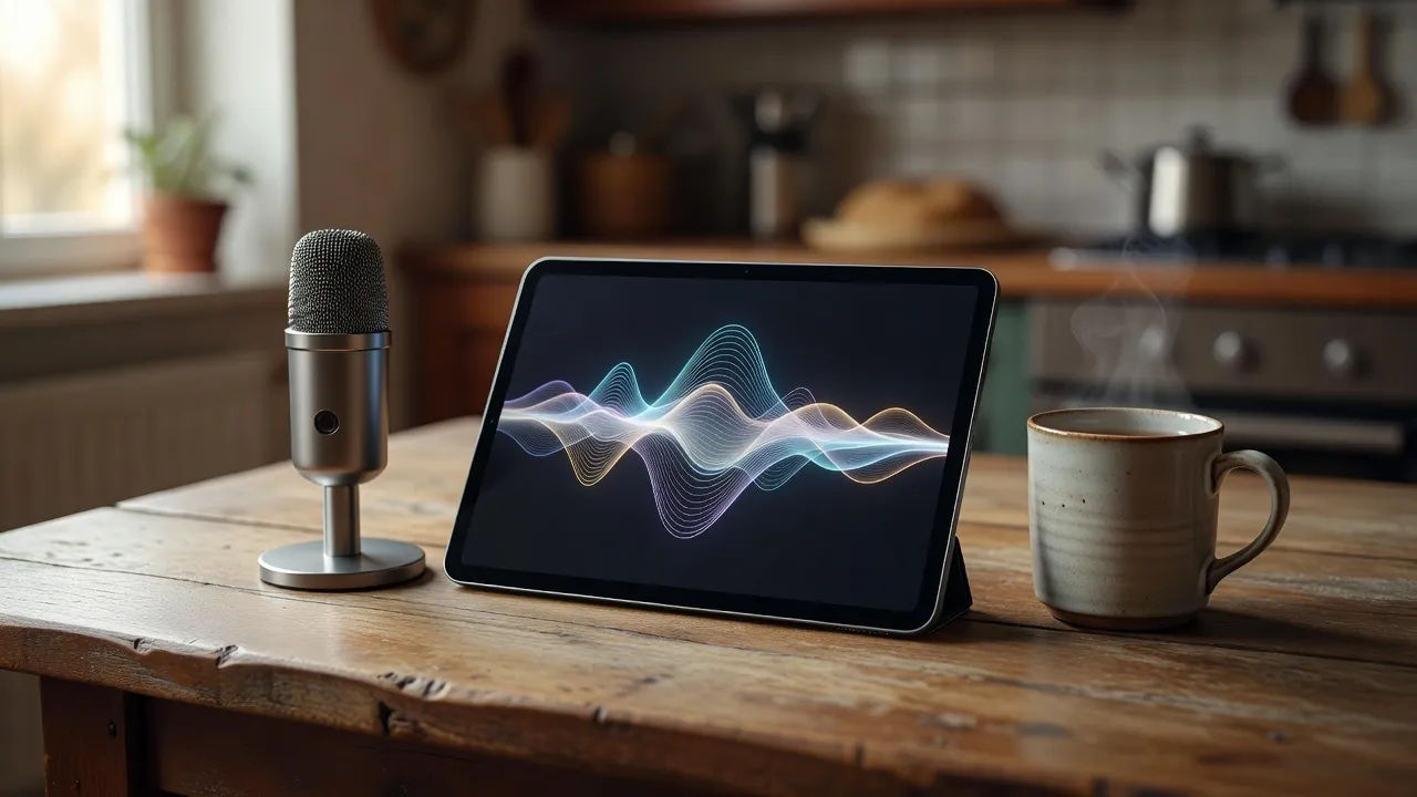 Topical beat of a compact desktop microphone beside a glowing abstract voice waveform on a tablet