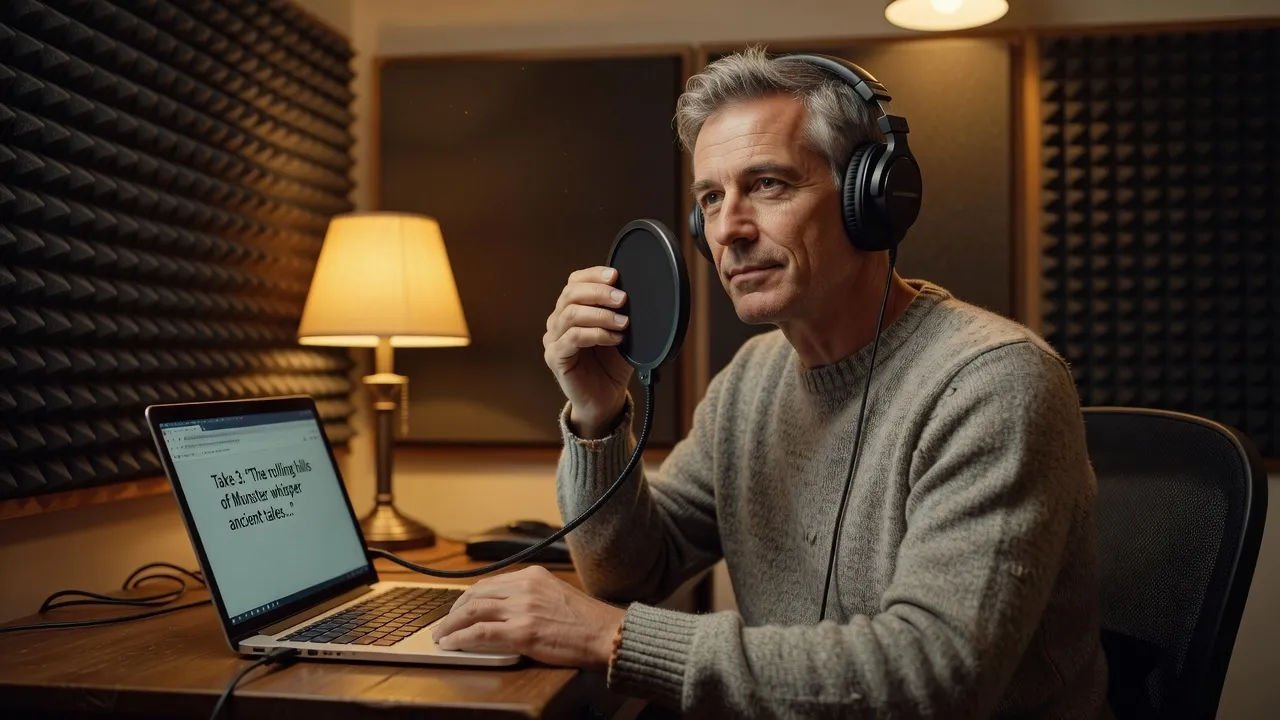 A middle-aged Munster voice actor in a padded home booth