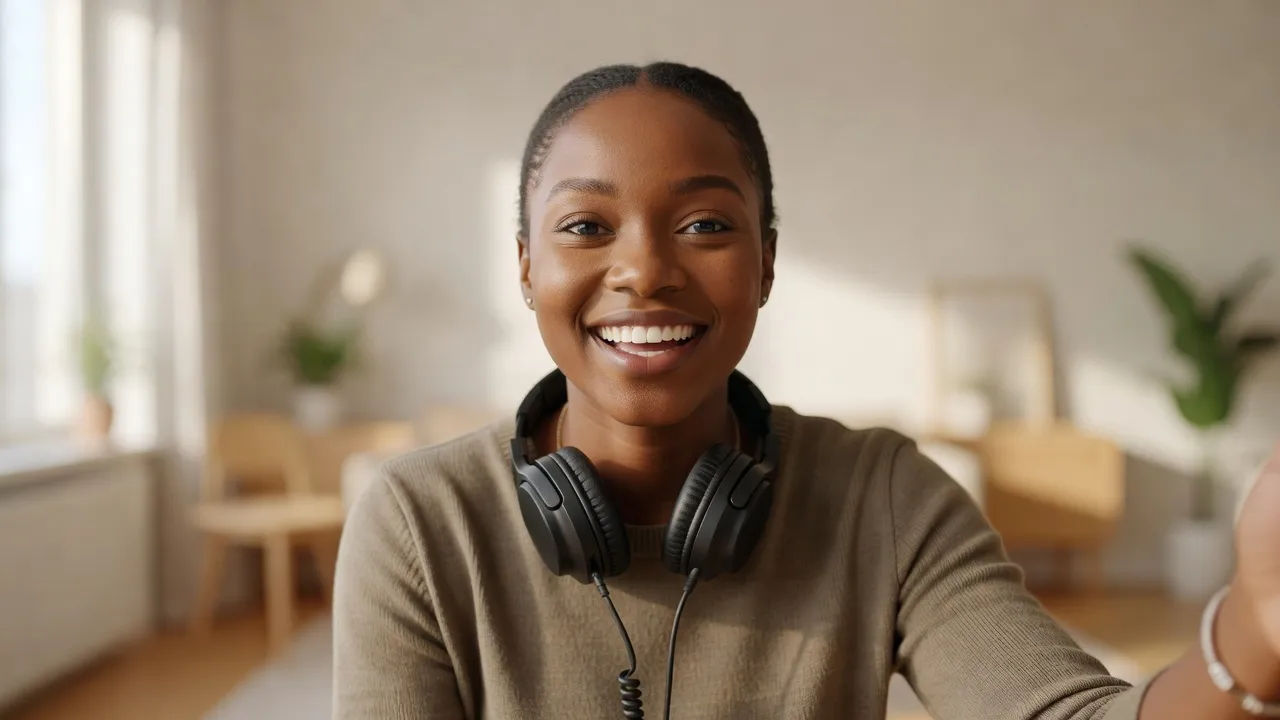 Close-up of an upbeat young Black woman host mid-word