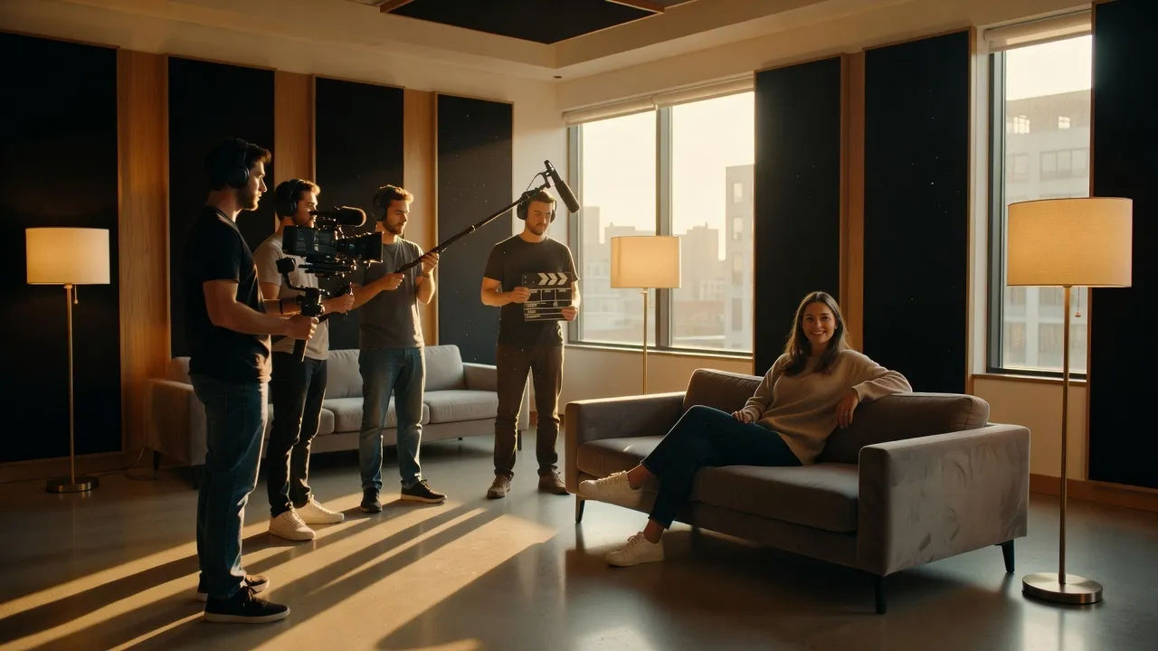 Wider establishing shot of a sleek music-marketing studio at golden hour
