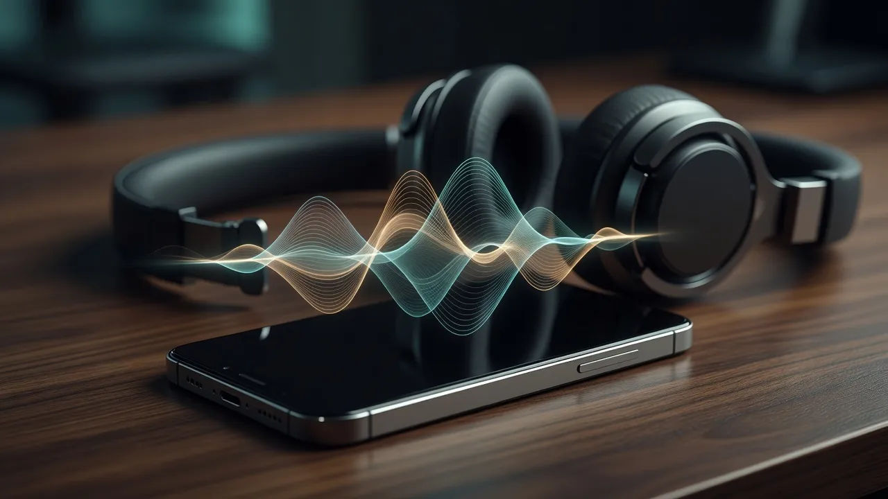 Macro tabletop beat of a smartphone lying on a walnut desk beside headphones